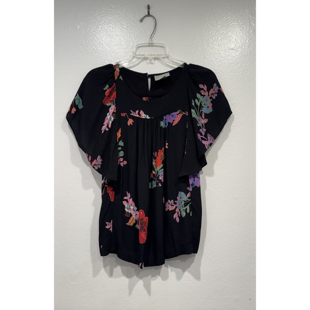 MAEVE Black Floral Prato Flutter Blouse Women’s Size XS‎ Anthropologie Boho READ